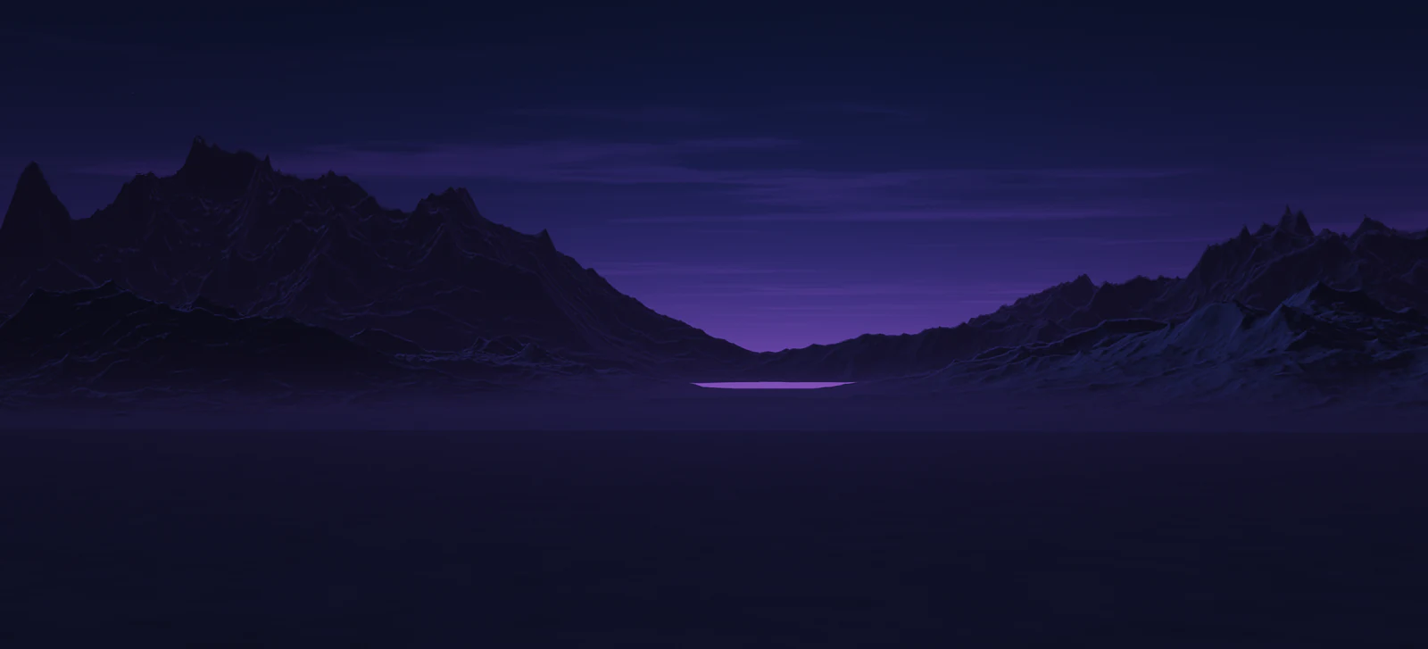 Um monólito escuro partido ao meio por uma fenda de luz azul, à beira de um lago parado, num vale de montanhas sob um céu violeta. A cena foi desenhada em código para a KONICT.